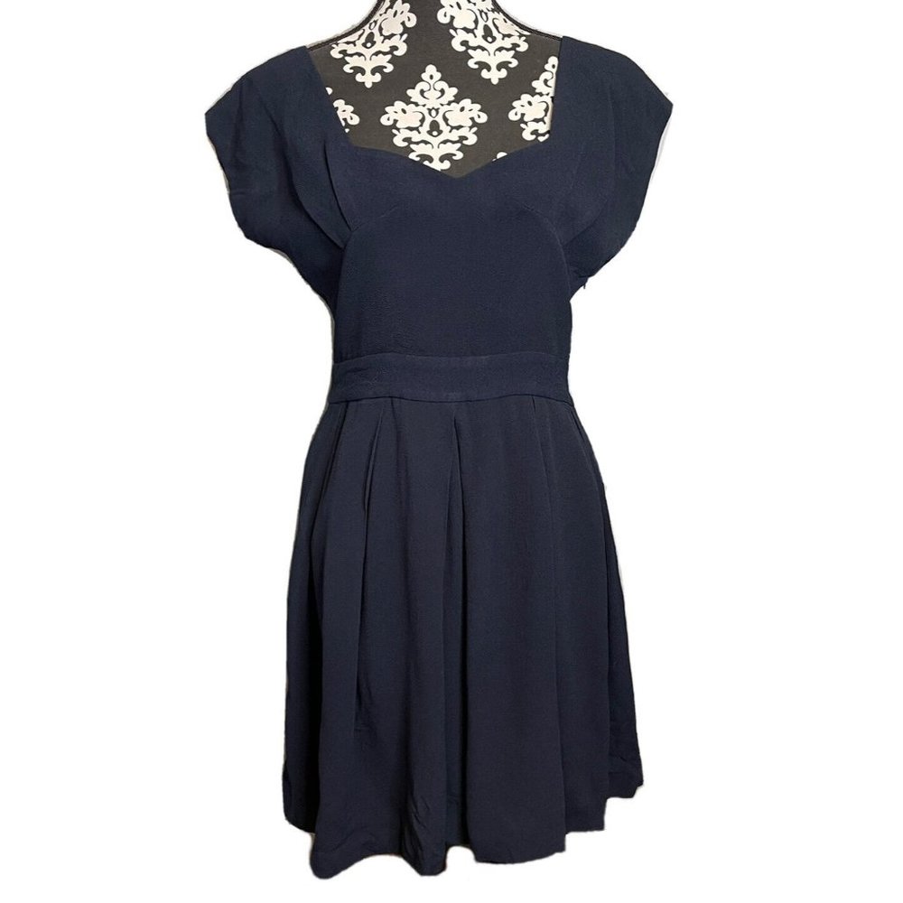 bettina liano dress 10 navy blue short sleeve cut out back a line sweetheart
